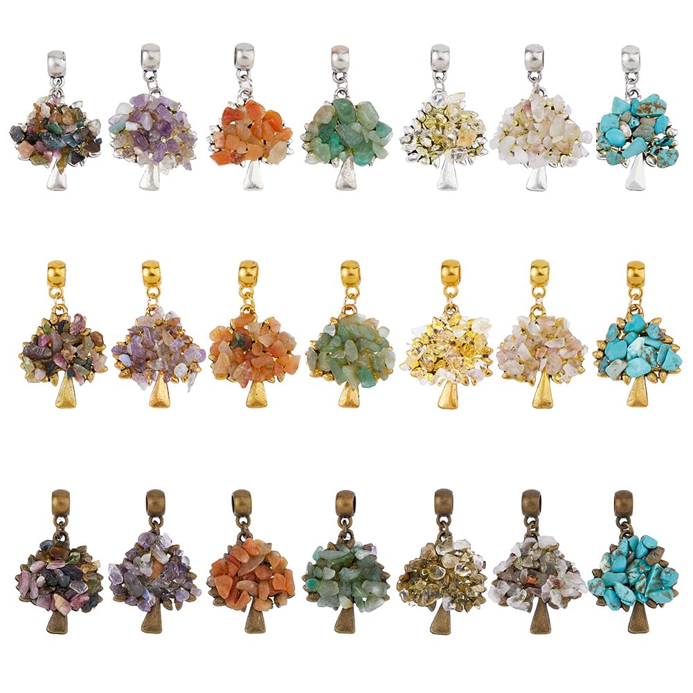 SUPERFINDINGS 21Pcs 21 Styles Tree of Life Gemstone Pendants Crystal Quartz Chakra Pendants Charms Mixed Gemstone Chip European Dangle Charms Tree Large Hole Pendants for Jewelry Making