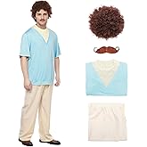 Joyesplay Priest Costume Adult Men, Blue Leisure T-shirt with White Pants Wigs Beards, Halloween Costumes for Men
