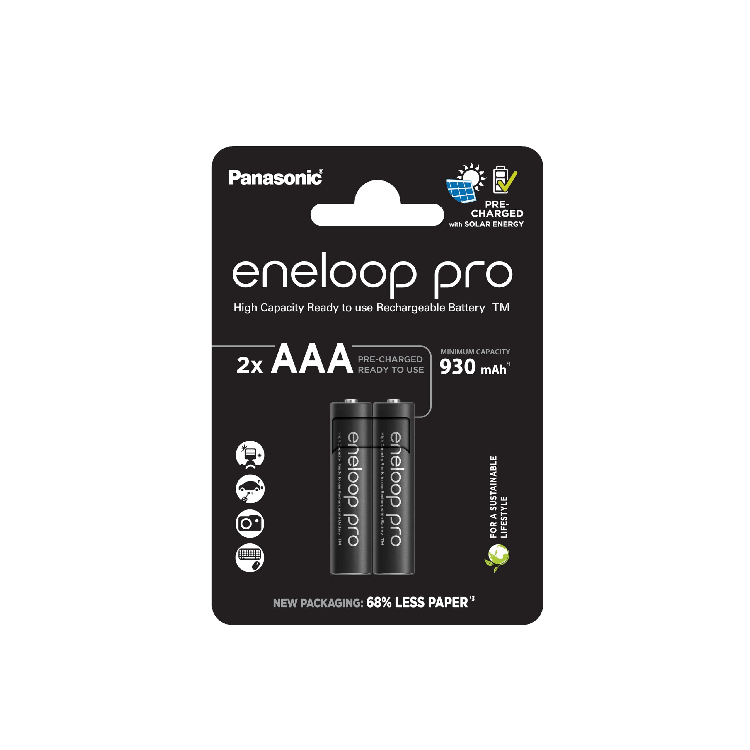 eneloop pro, AAA/Micro Ni-MH Akku, 2er-Pack, Kapazität mit min. 930 mAh, Ready-to-Use Ni-MH Akkus, bis zu 500 Mal wiederaufladbar, plastikfreier Verpackung, pro, schwarz