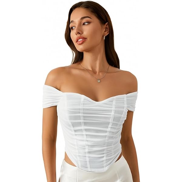 SHENHE Women's Off The Shoulder Corset Top Short Sleeve Zip Up