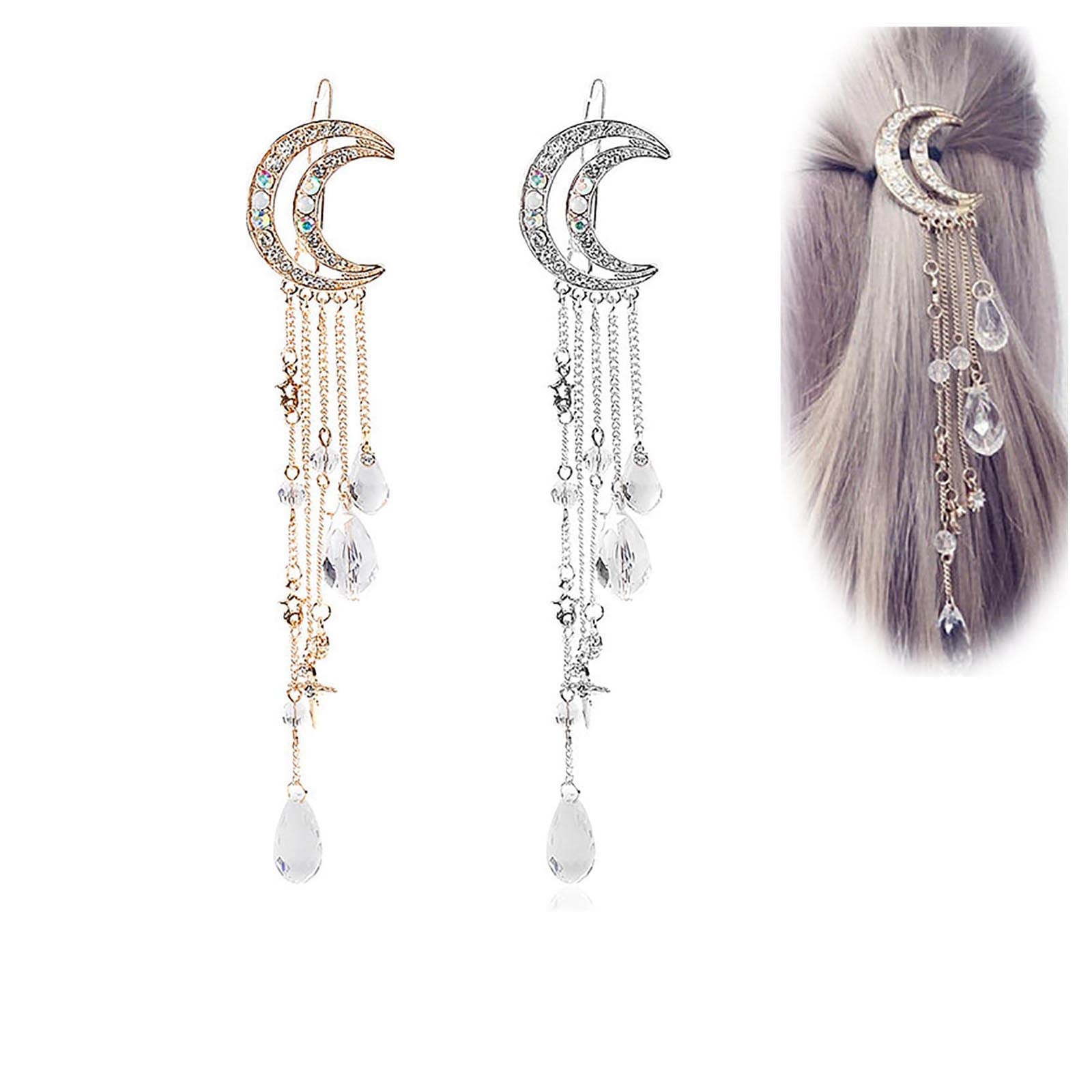 Xduargs Boho Rhinestone Moon Hair Clip Crystal Tassel Hair Barrette Hollow Crescent Hair Clip Rhinestone Cz Beads Dangle Hairpin Clip for Women Hair Accessory Headdress(Silver)