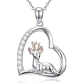 LWXIE Diamond Deer Necklace for Women 925 Sterling Silver Reindeer Heart Pendant Necklace with Lab Grown Diamonds Cute Christmas Elk Jewelry Gifts for Her