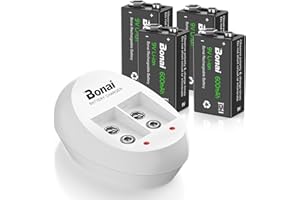 BONAI 6F22 9 Volt Rechargeable Battery(4 Pack) 600mAh Li-ion Rechargeable 9v Batteries with Charger(2 Bay) High Capacity