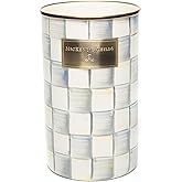 MACKENZIE-CHILDS Enamel Utensil Holder, Gray-and-White Sterling Check | Hand-painted design, made from enameled steel, ideal for storing and organizing kitchen utensils, 5" dia. x 8.5" H