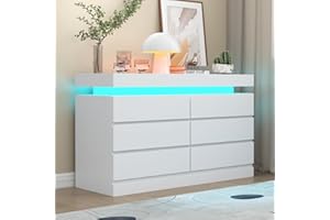 Gyfimoie 6 Drawer Dresser with Power Outlet, Dresser with LED Light, Modern Chest of Drawers for Closet, Double Wide Drawer Organizer Cabinet for Bedroom, Living Room (White, 6 Drawers)