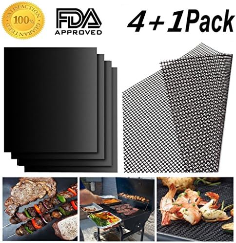 BBQ Grill Mat - Set of 4 Pack Non-Stick + 1 Pack Mesh Barbecue Grill &amp; Baking Mats - 13×15.75inch - Heat Resistant,Reusable,Easy to Clean - Best for Gas,Charcoal,Electric Grill and More