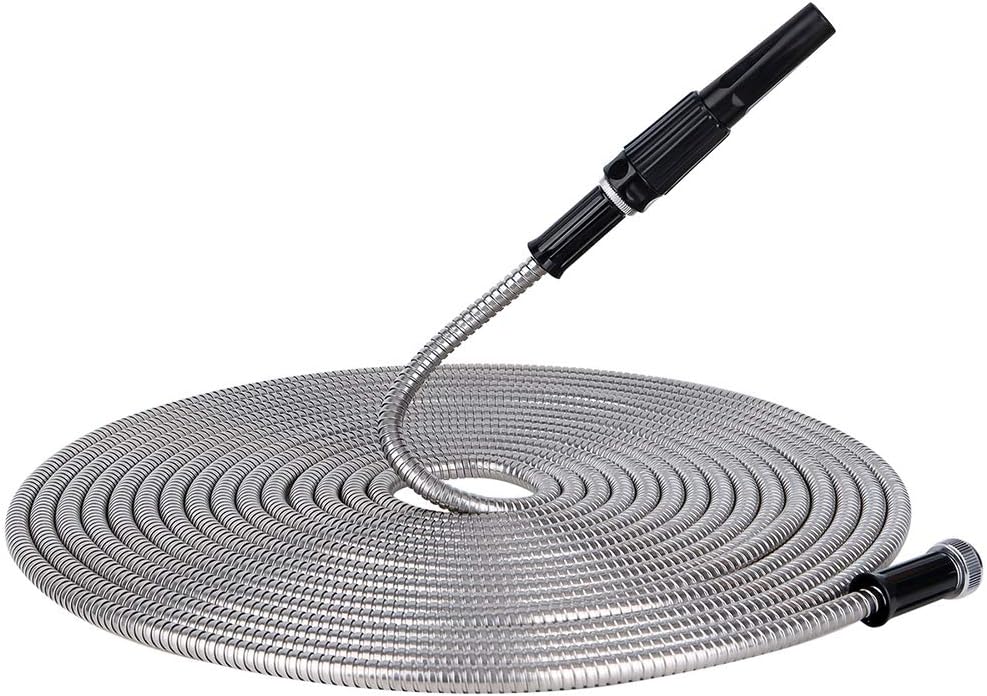 Give Me 100FT Metal Garden Hose, 304 Stainless Steel Water Hose with Free Nozzle and Solid Metal Fittings, Flexible, Kink Free, Lightweight and Durable