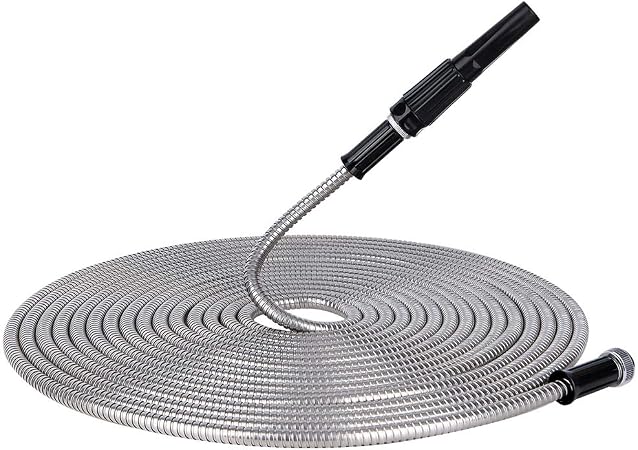 25 50 75 100ft Stainless Steel Flexible Metal Garden Water Hose Pipe Nozzle Kit