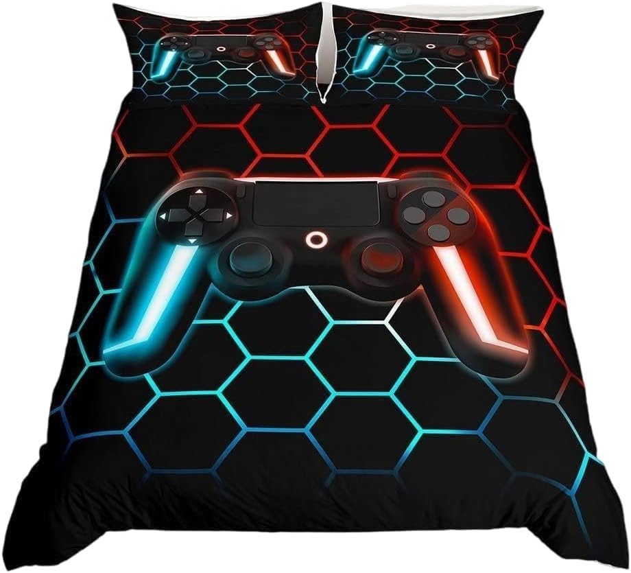 Gamer Duvet Cover For Boys Double Size Gaming Comforter Cover For Kids Young Man Gradient Diamond Hexagon Bedding Set Game Home Decor Soft,Neon Light Game Controller Quilt Cover + 2 Pillow Sham