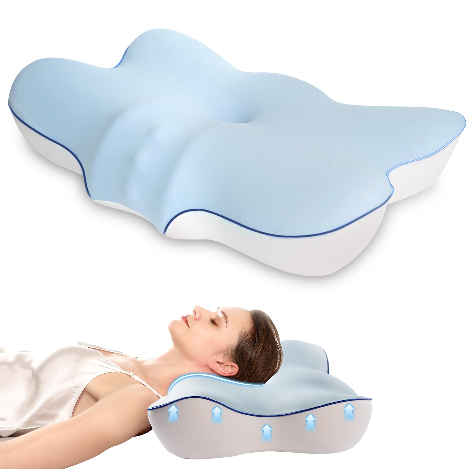 Photo 1 of jiaao Cervical Pillow for Neck and Shoulder,Adjustable Memory Foam Neck Pillow for Pain Relief Sleeping,Ergonomic Neck Support Pillows for Side, Back and Stomach Sleepers (Blue)