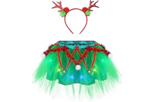 REETAN Light up Kids Christmas Tutu with Antler Headband Green Layered Tutu Skirt Sparkly Tutu Outfits for Girls