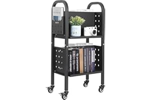 VEVOR Rolling Library Book Cart, 150 lbs Capacity, 17.7 x 13.0 x 34.6-Inch Library Cart, Double Sided L-Shaped Shelves with 2-Inch Lockable Wheels, Book Truck for Home Shelves Office and School, Black