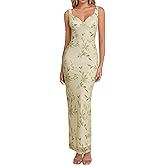 HTZMO Women Summer Floral Bodycon Maxi Dress V Neck Halter Sleeveless Casual Wedding Guest Party Elegant Long Dresses