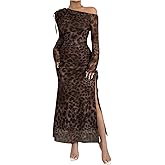 Milumia Women's Leopard Mesh Asymmetrical Neck Maxi Dress Long Sleeve Drawstring Slit Thigh Dresses