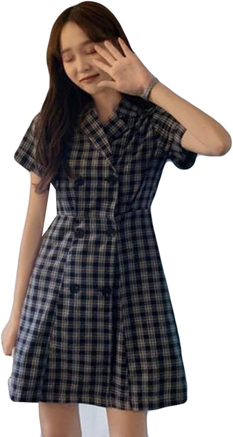 Amazon Debangniチュニックワンピース 両前 着痩せ ドレス スーツ襟 チェック柄 レトロ ミニワンピース 美脚 シックワンピース デート 通学 ショートワンピース 夏 フェミニンワンピース ブラック ワンピース チュニック 通販