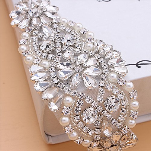 Crystal Rhinestone Applique with Pearls for Bridal Belt Wedding Dress Garters Headpieces - Thumbnail 4