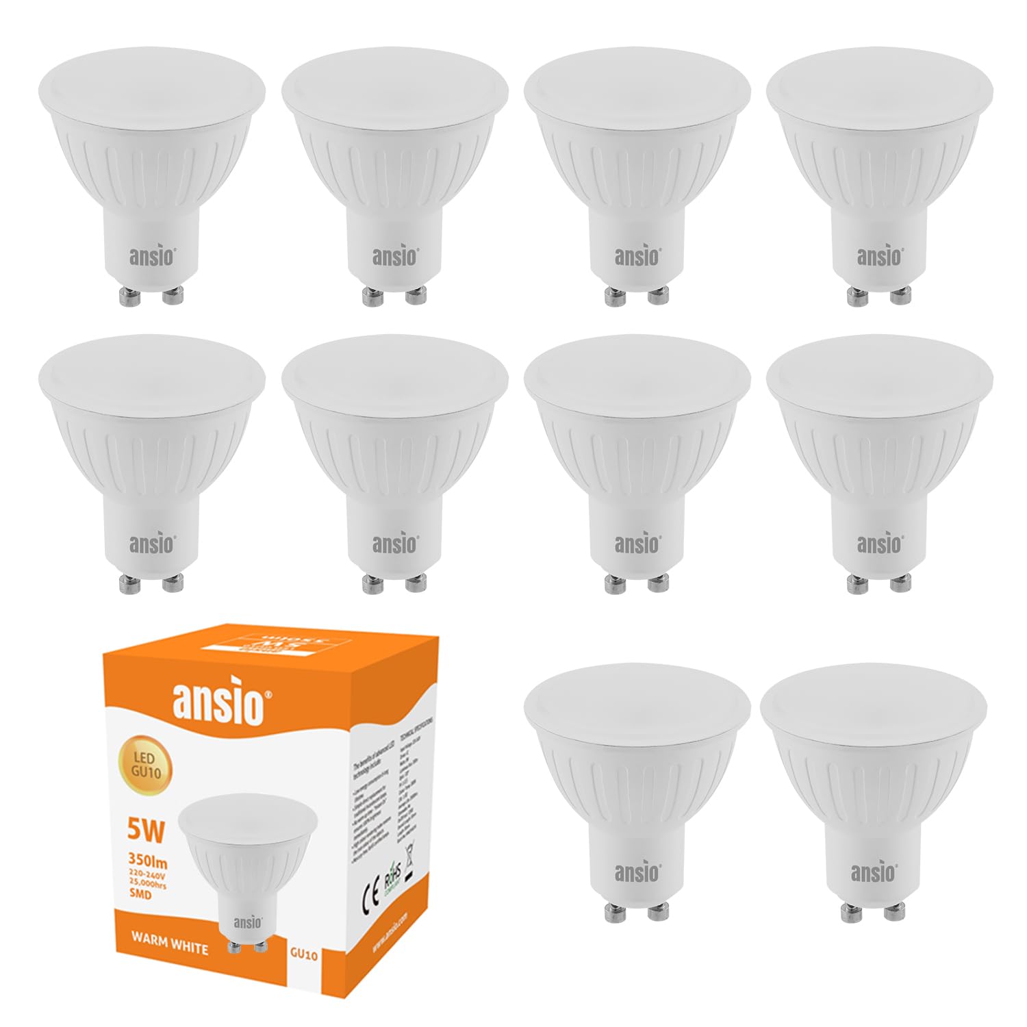 ANSIO GU10 LED Bulbs Warm White,3000k, 5W, 35W Halogen Spotlight Bulb Equivalent, Non-dimmable, 350 Lumen, 120° Beam Angle, LED Bulbs Pack of 10