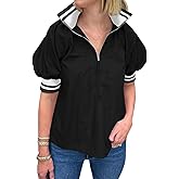 Skoinvb Womens Summer Blouse Tops Puff Sleeve Shirts Half Zip V Neck Dressy Casual Color Block T-Shirts
