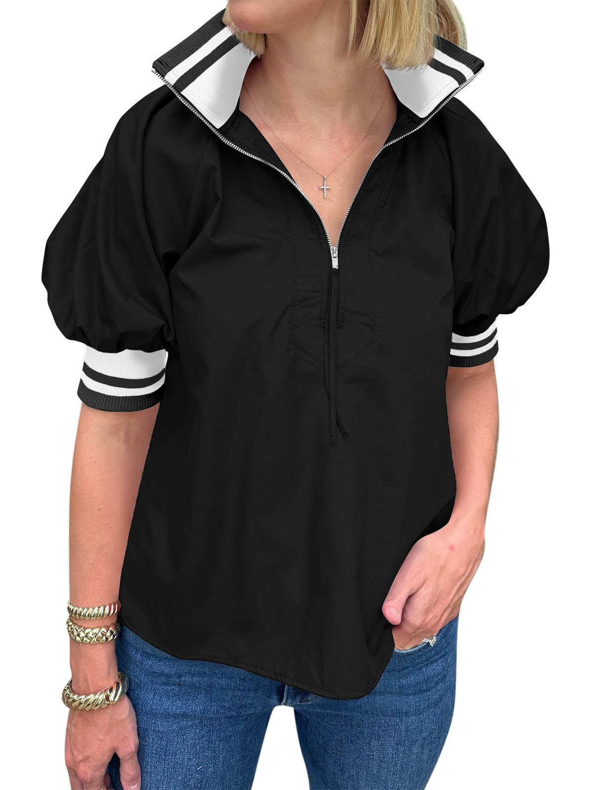 Photo 1 of Skoinvb Womens Summer Blouse Tops Puff Sleeve Shirts Half Zip V Neck Dressy Casual Color Block T-Shirts Black L