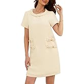 yoeasy Women's Short Sleeve Crew Neck Tweed Dress A-line Button Part Elegant Mini Dresses