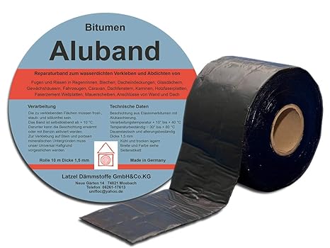 Bitumen Aluband Reparaturband Dichtband Farbe Schwarz 75 mm - Rolle 10 Meter. Hergestellt in Deutschland.
