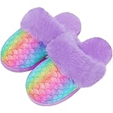 Girls Mermaid Fluffy House Slippers,Toddler Faux Fur Cozy Plush No-Slip Home Slippers with Memory Foam House Shoes for Kids Bedroom Indoor