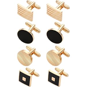Cufflinks for Men, 8 Pairs Classic Cuff Link for Business (Gold, Black) | Classic Tone Round Square Rectangle Design Mens Cuf