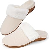 ERGOfoot Orthopedic Slippers for Women, Fuzzy Slipper with Arch Support Bedroom Shoes for Plantar Fasciitis, Slip On Scuffs with Indoor Outdoor Anti-Skid Rubber Sole/Beige W9