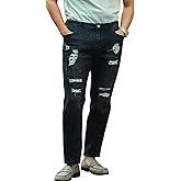 Boncun Men's Slim Fit Stretch Jeans – Comfort Flex Denim Destroyed Ripped Skinny Jeans Side Striped Denim Pants
