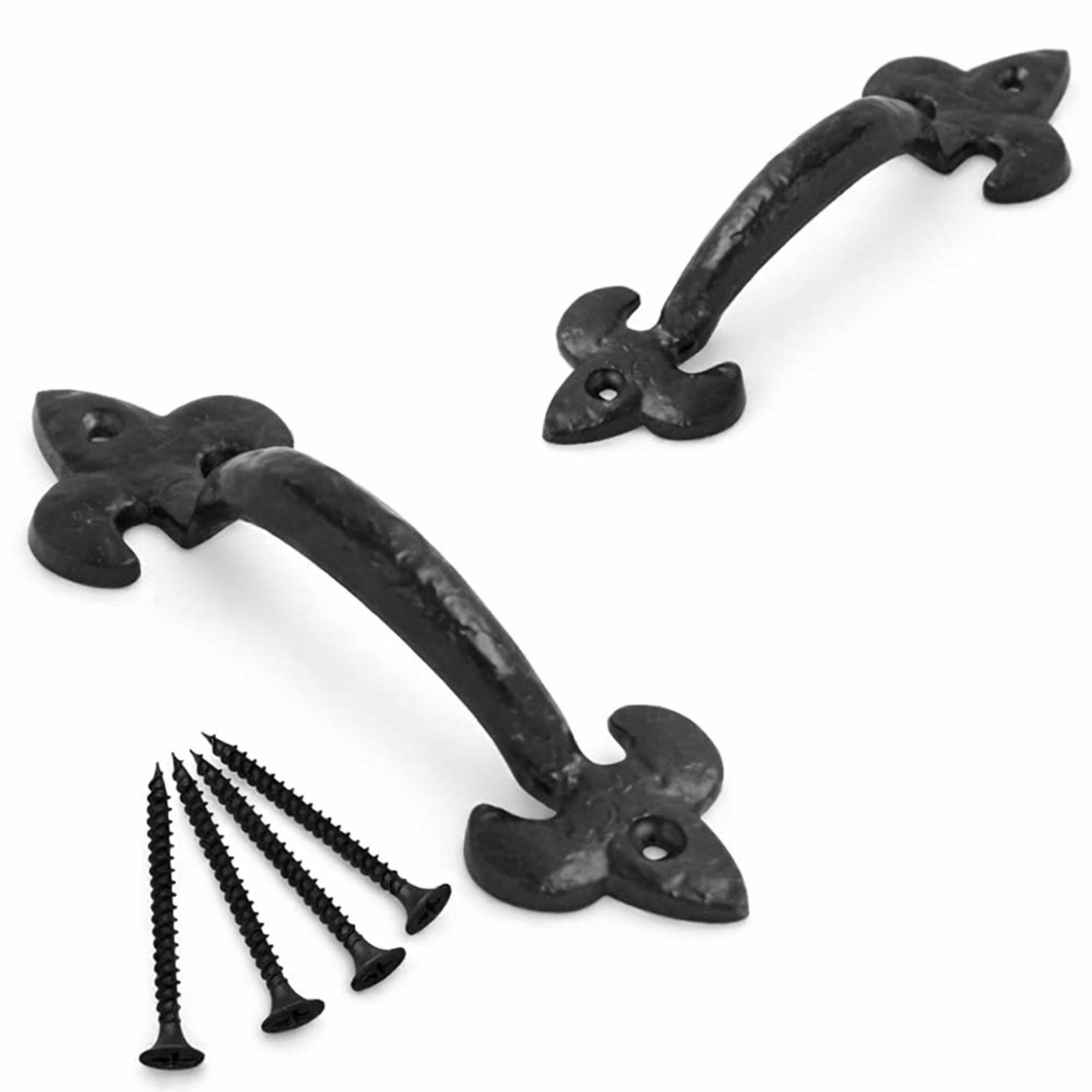 SISI UK Antique Door Pull Handle Black Fleur De LYS 100mm Handle Country Style Cabinet Pulls Small Drawer Kitchen Cupboard Bedroom Wardrobe Drawer Pull Handles 15mm Projection Pack of 2