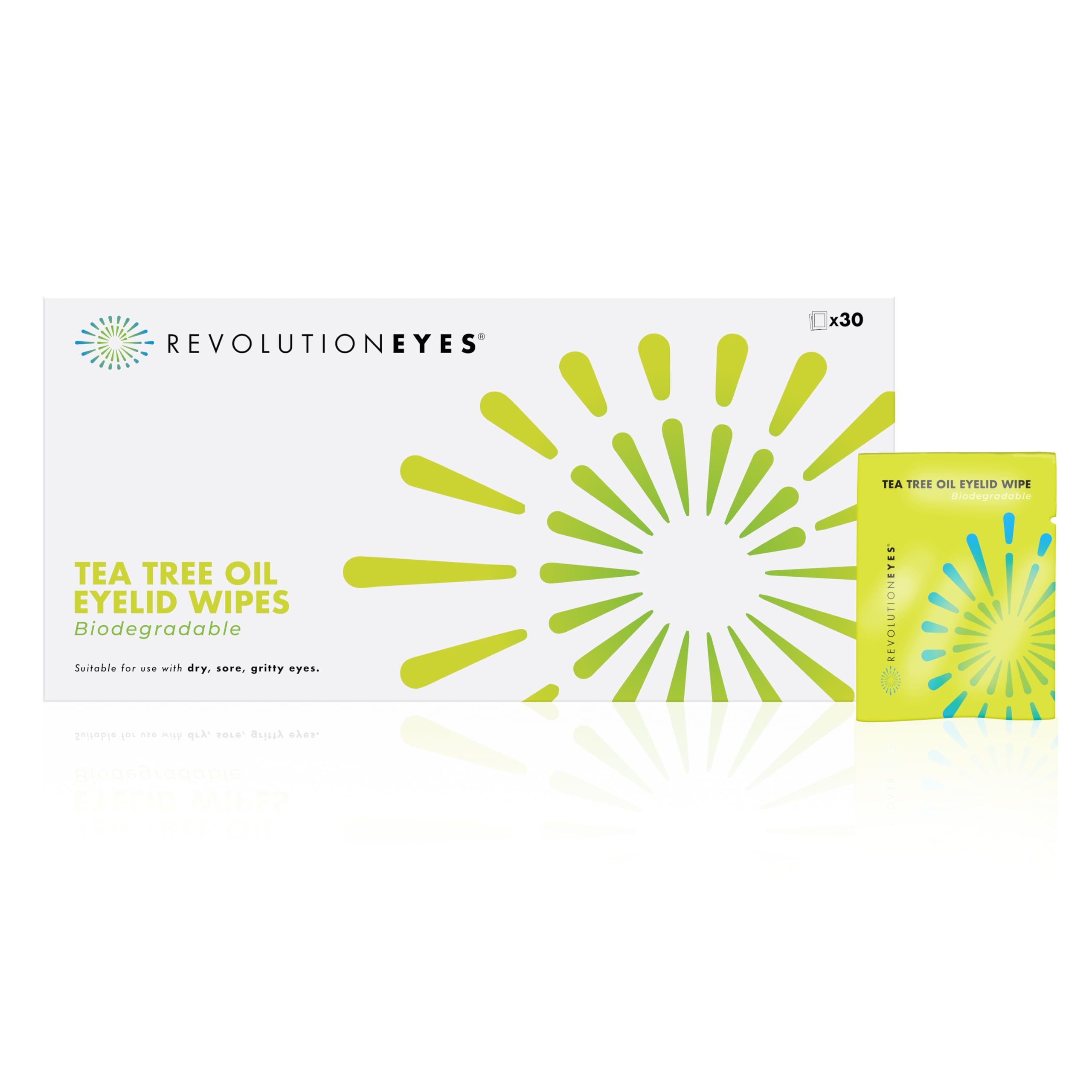Revolutioneyes Tea Tree Eyelid Wipes – 30 x Single Use Eyelid Cleansing Wipes Containing Tea Tree Oil, Suitable For Dry Eyes, MGD & Blepharitis - Individually Wrapped, Biodegradable