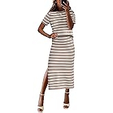ANRABESS Womens 2 Piece Outfits Striped Sweater Skirt Sets 2026 Spring Casual Short Sleeve Pullover Tops Travel Midi Dress