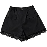 MakeMeChic Women's Lace Trim Mini Shorts Zip Fly High Waisted Wide Leg Fall Y2K Micro Shorts
