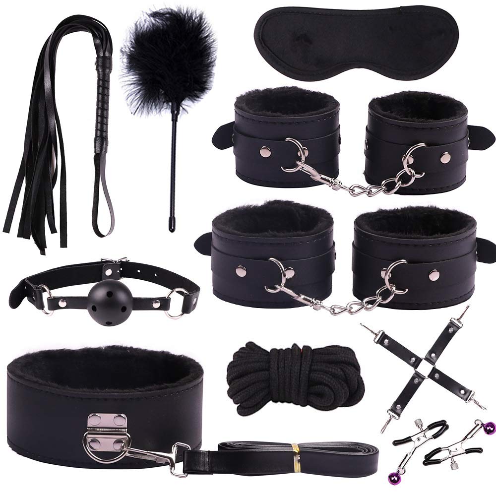 Xinyanmy 10 Sets Pu Leather Plush Bed Handcuffs Leather Harness Whip Eye Mask Necklace Ankle Cuffs Women Straps Special Bundled Binding Adult Toys SM Kit for Couples (Black)