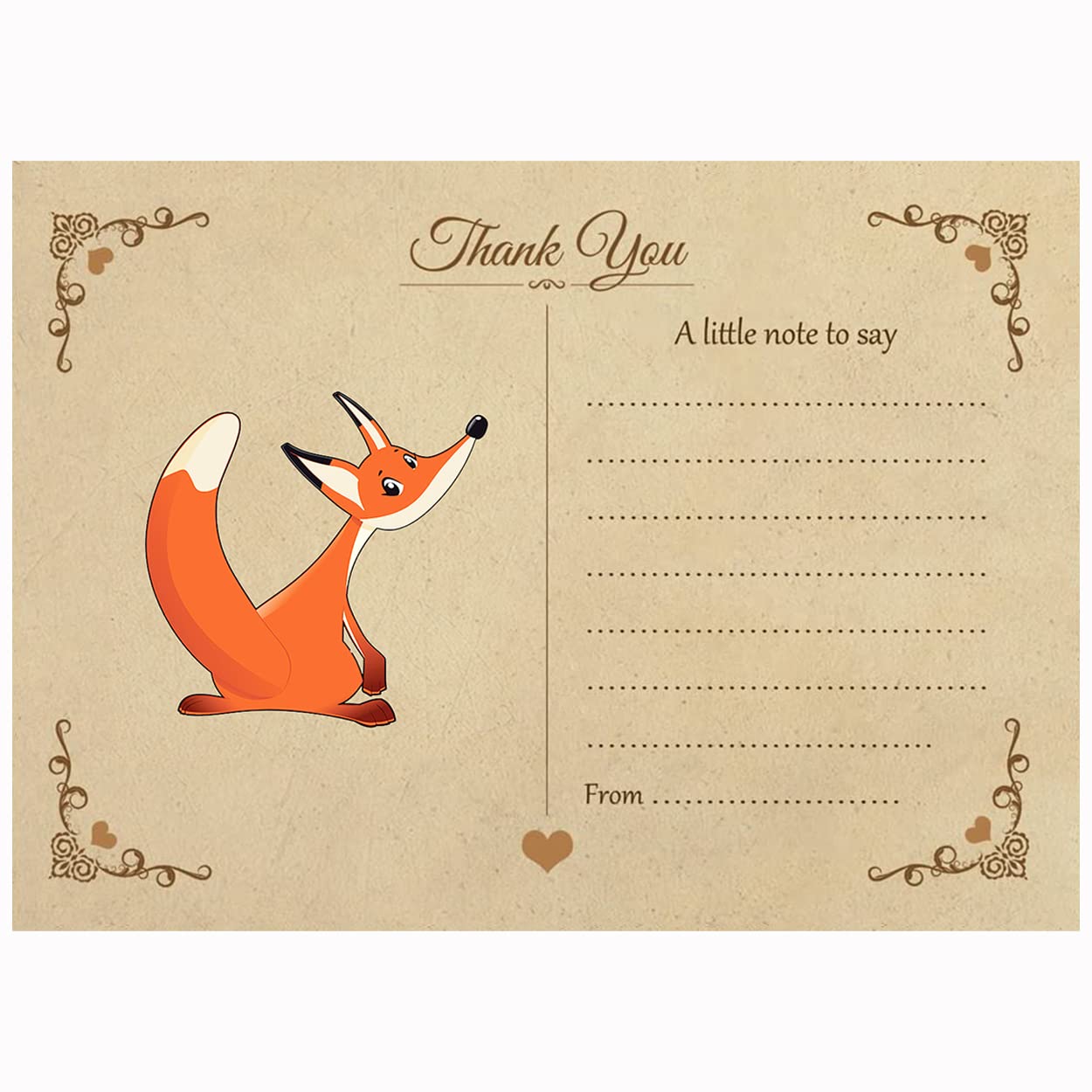 Artstore Vintage Fox Thank You Note Cards With Brown Kraft Envelopes - Pack of 15