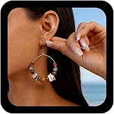 IRCOMULTI Bohemia Wooden Beaded Dangle Earring Brown Wooden Beaded Drop Earring Vintage Bead Hoop Earrings Large Circle Hoop Bead Earrings Jewelry for Women