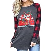 Womens Merry Christmas Striped Raglan Long Sleeve T Shirt Plaid Leopard Printed Tree Baseball Shirt Graphic Tees Tops