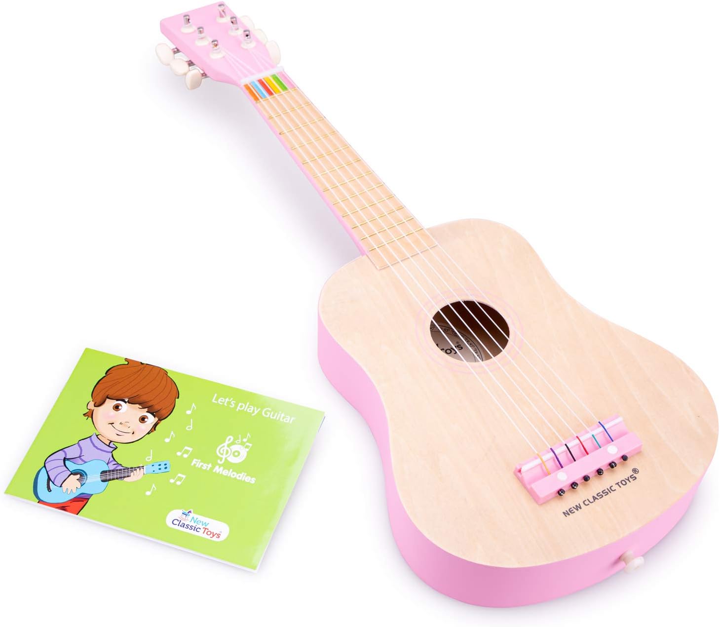 New Classic ToysWooden toy guitar deluxe - natural/pink - including music book and shoulder strap