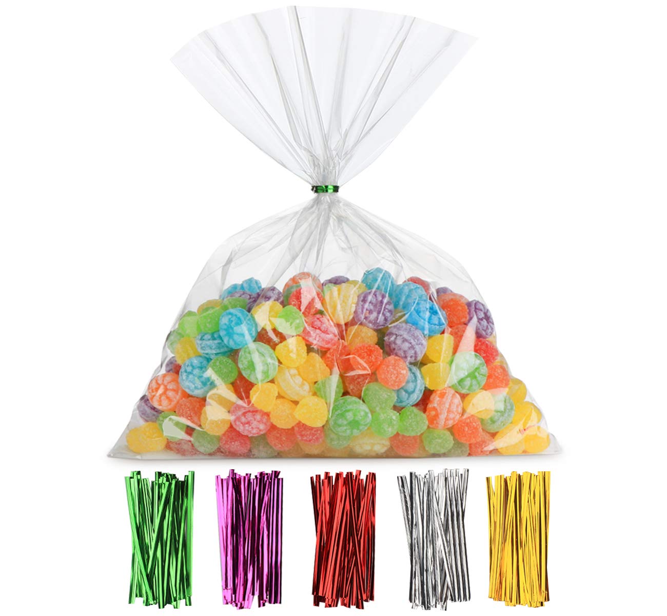 Anstore 100 Cellophane Bags Large, Cellophane Gift Bags 20x30cm,Flat Cello Bags Sweet Party Bags, Clear Treat Bag OPP Plastic with 100 Twist Ties, Christmas Sweet Bags for Candy Cookie Chocolates