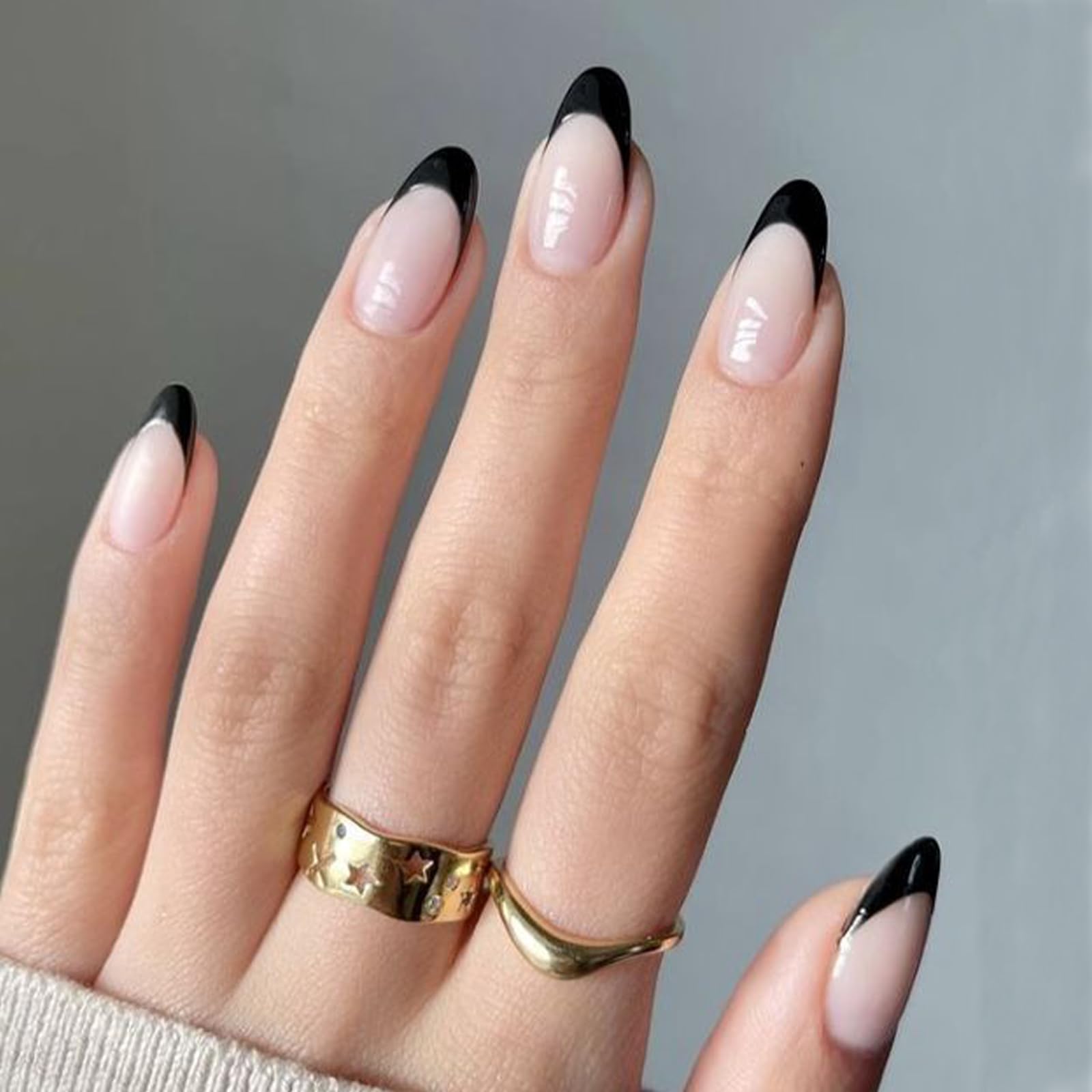 Modelones Black French Tip Press on Nails Almond, Short Almond Fake Nails, Reusable Nail Kit with Nail Glue Adhesive Tabs Mini Nail File, Nails Press Ons 32Pcs16 Sizes