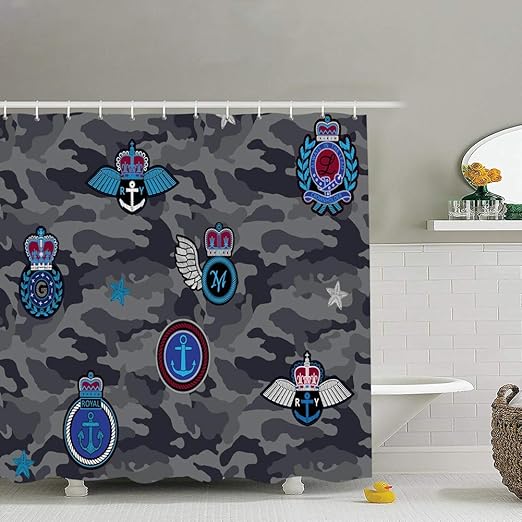 Amazon Com Zhufeifan Seamless Camouflage Pattern Royal Patches Miscellaneous Army Objects Fabric Bathroom Decor Set With Hooks 72 X 72 Inches Home Kitchen