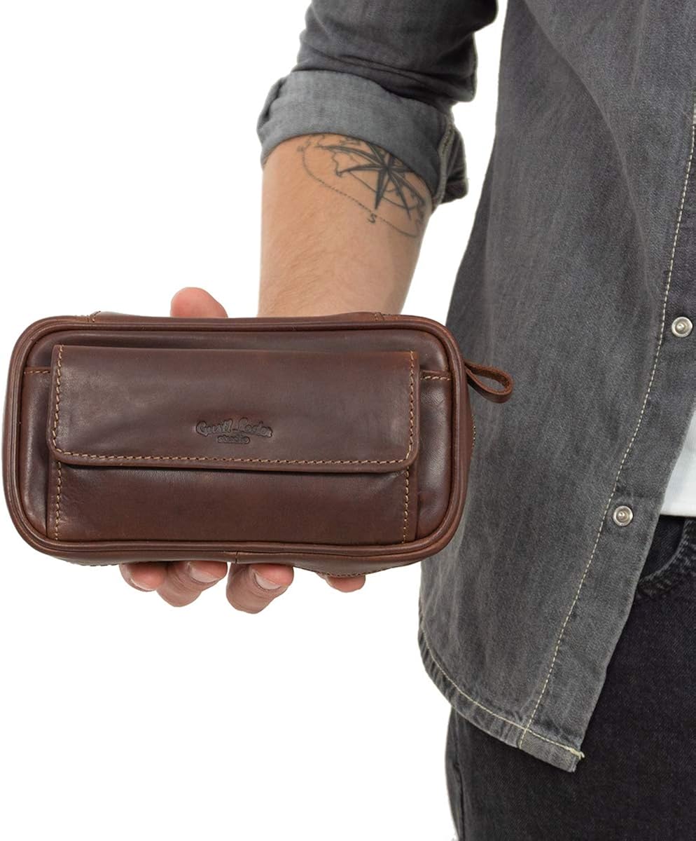 Gusti leather pipe bag - Diego pipe pouch for 3 Pipes extra tobacco compartment inner fabric from Natural Rubber pipe bag Brown leather - Image 3