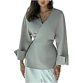 Floerns Women's Dressy Wrap V Neck Blouse Belted Long Sleeve Business Casual Work Tops Old Money Clothes