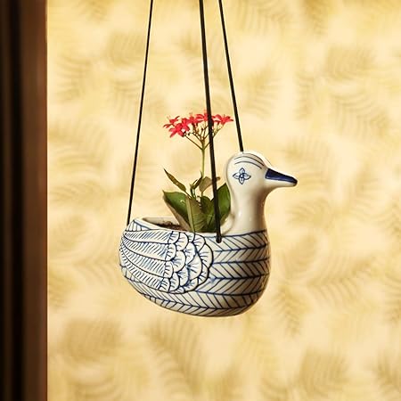 ExclusiveLane Ceramic Hanging Planters for Balcony Living Room Garden Decoration Items for Balcony, Indigo Blue & White, 7.1 x 4.7 x 22.0 Inch,