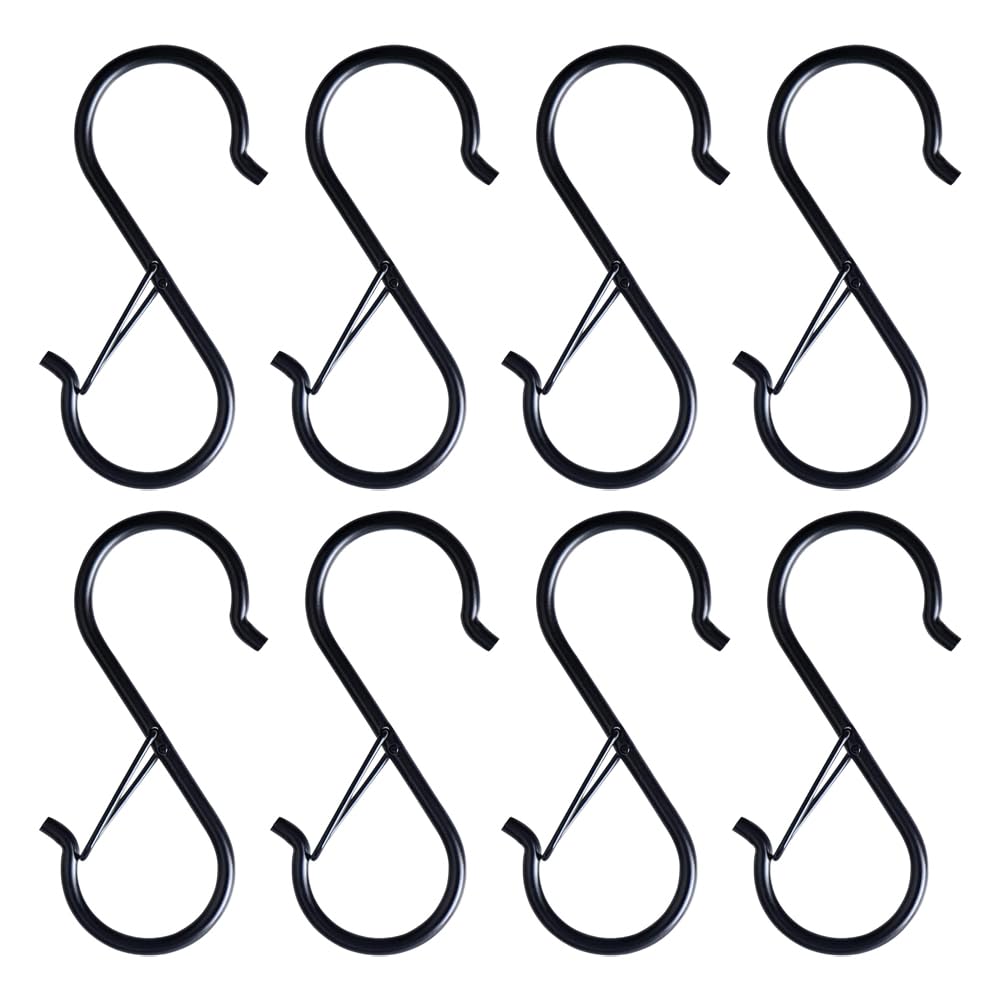 YAISUHCHNYE 8 Pack S Hooks for Hanging Heavy Duty S Shaped Metal Hooks with Safety Buckle Design Durable Large Kitchen Hooks for Hanging Plants Lights Kitchenware Pans Pots Utensils Clothes (Black)