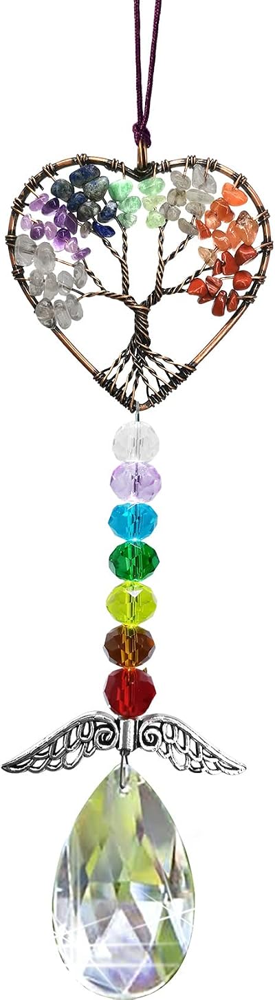 Peili Healing Crystal Tree of Life Sun Catcher with Wings 7 Chakras Heart