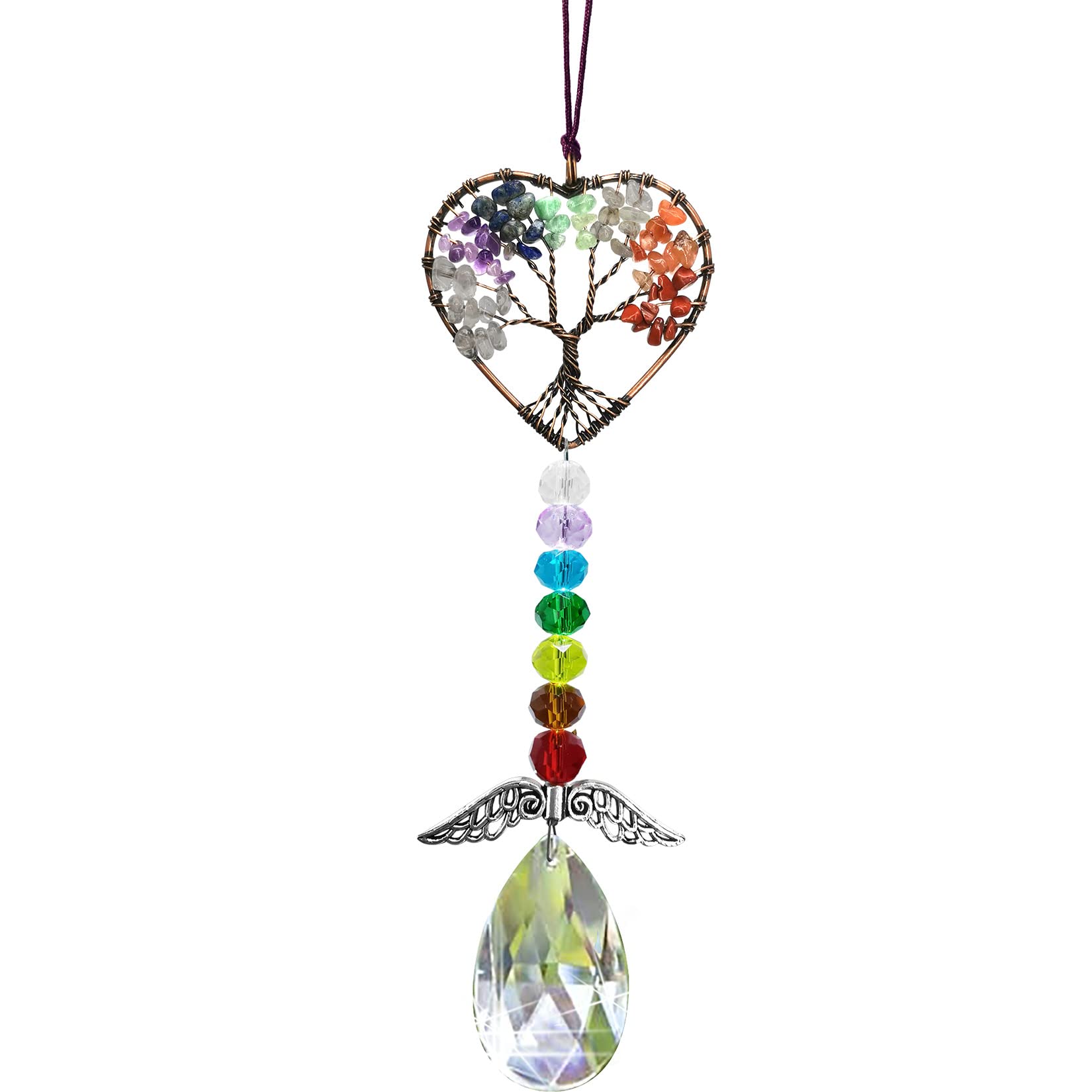 Peili Healing Crystal Decor Tree of Life Car Hanging Accessories Suncatcher with Wings 7 Chakras Window Hanging Decor Meditation Ornaments Home Decoration (colorful heart)