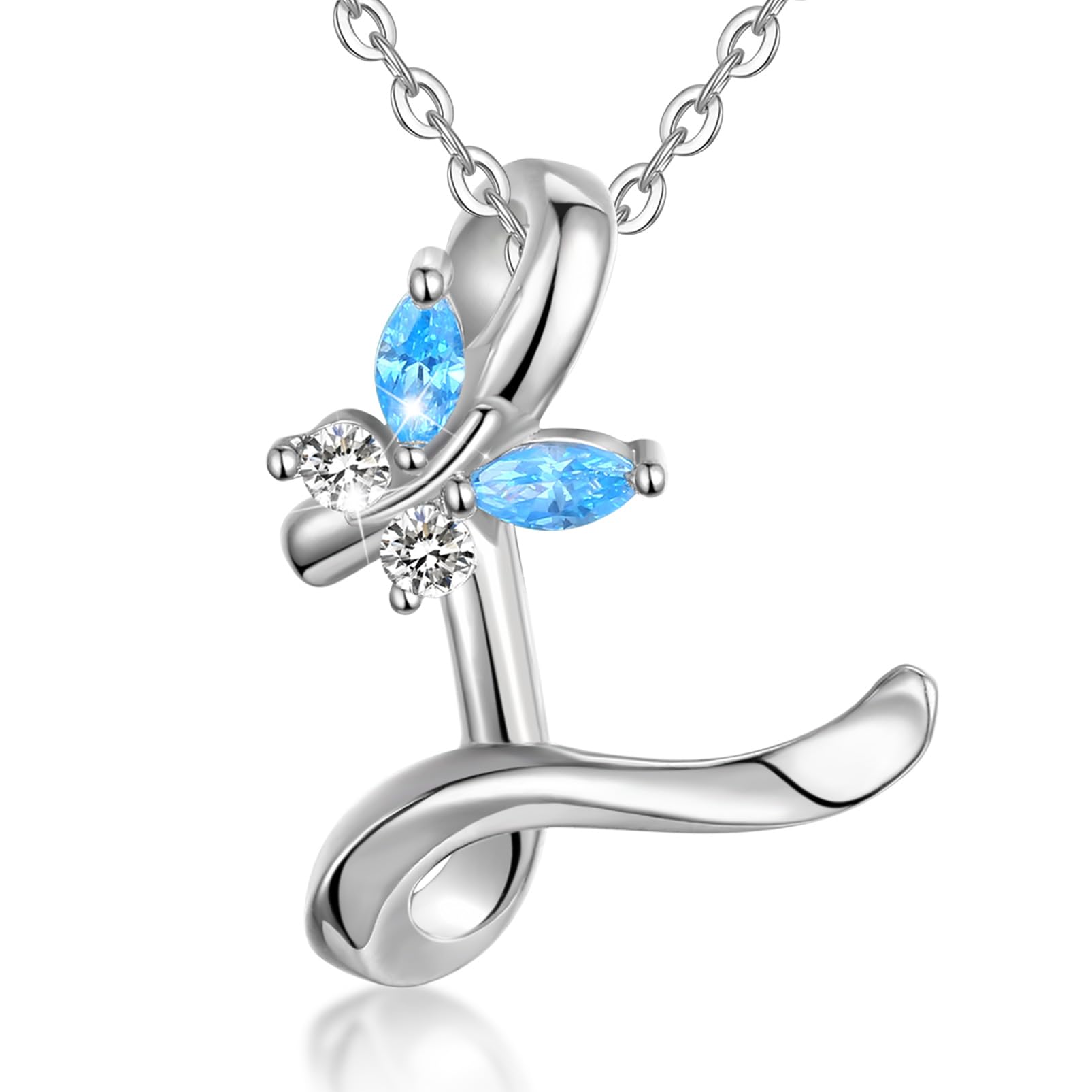 EUDORA Harmony Ball 925 Sterling Silver Initial Butterfly Necklace for Women. L Alphabet Letter Personalised Pendant Necklaces with Blue Cubic-Zirconia Gifts for Women Ladies Girls Mother's day, 18" — image 1
