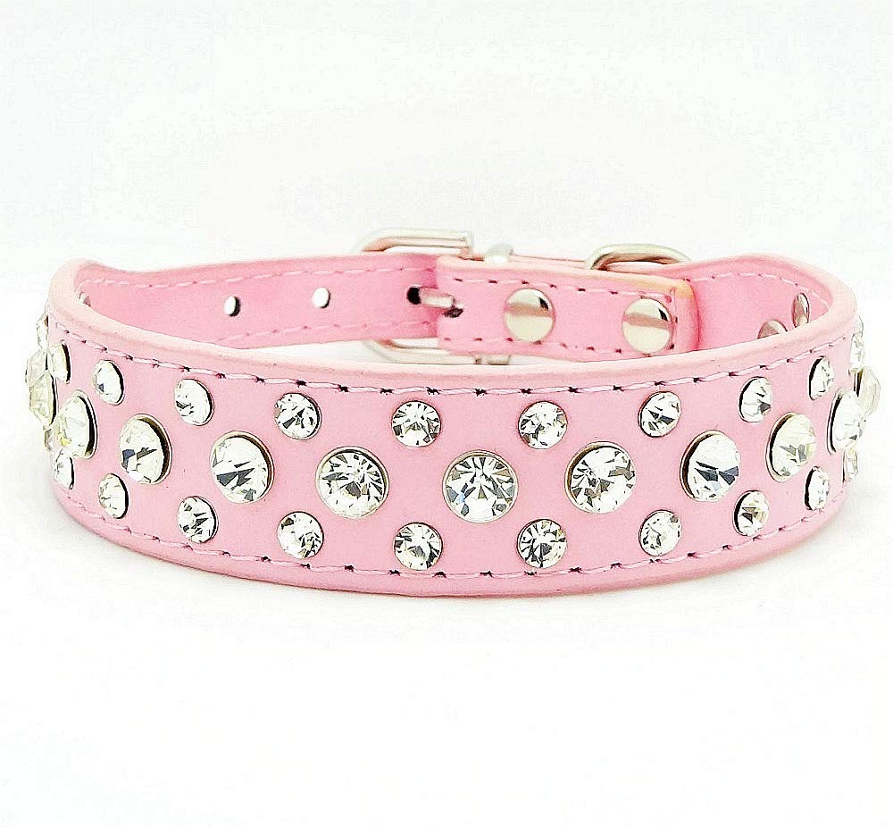 haoyueer Bling Rhinestone PU Leather Crystal Diamond Pet Dog Cat Puppy Collar S M L XL (L, Pink)