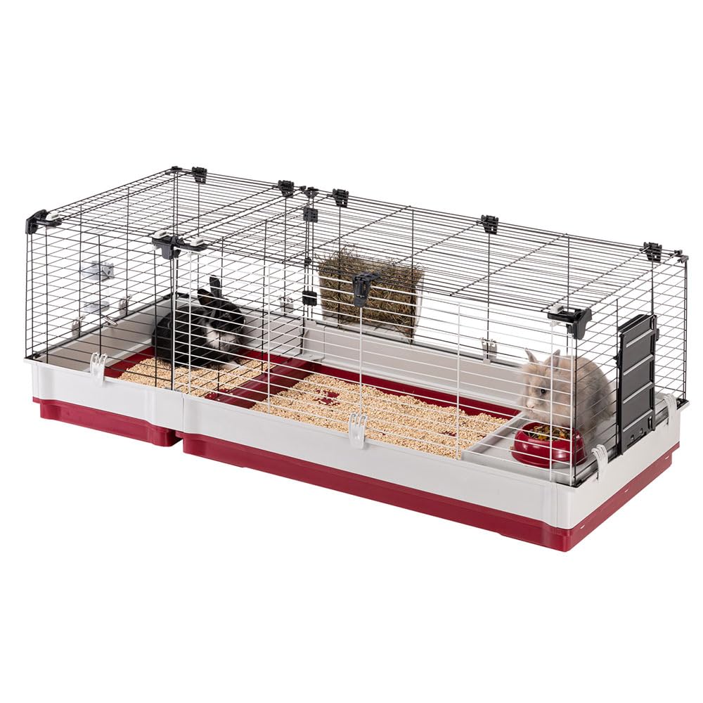 Ferplast rabbit cage Krolik 140 guinea pigs and small animals house, in assembly kit. Separable extension through metallic grill, accessories are included, 142 x 60 x h 50 cm Bordeaux